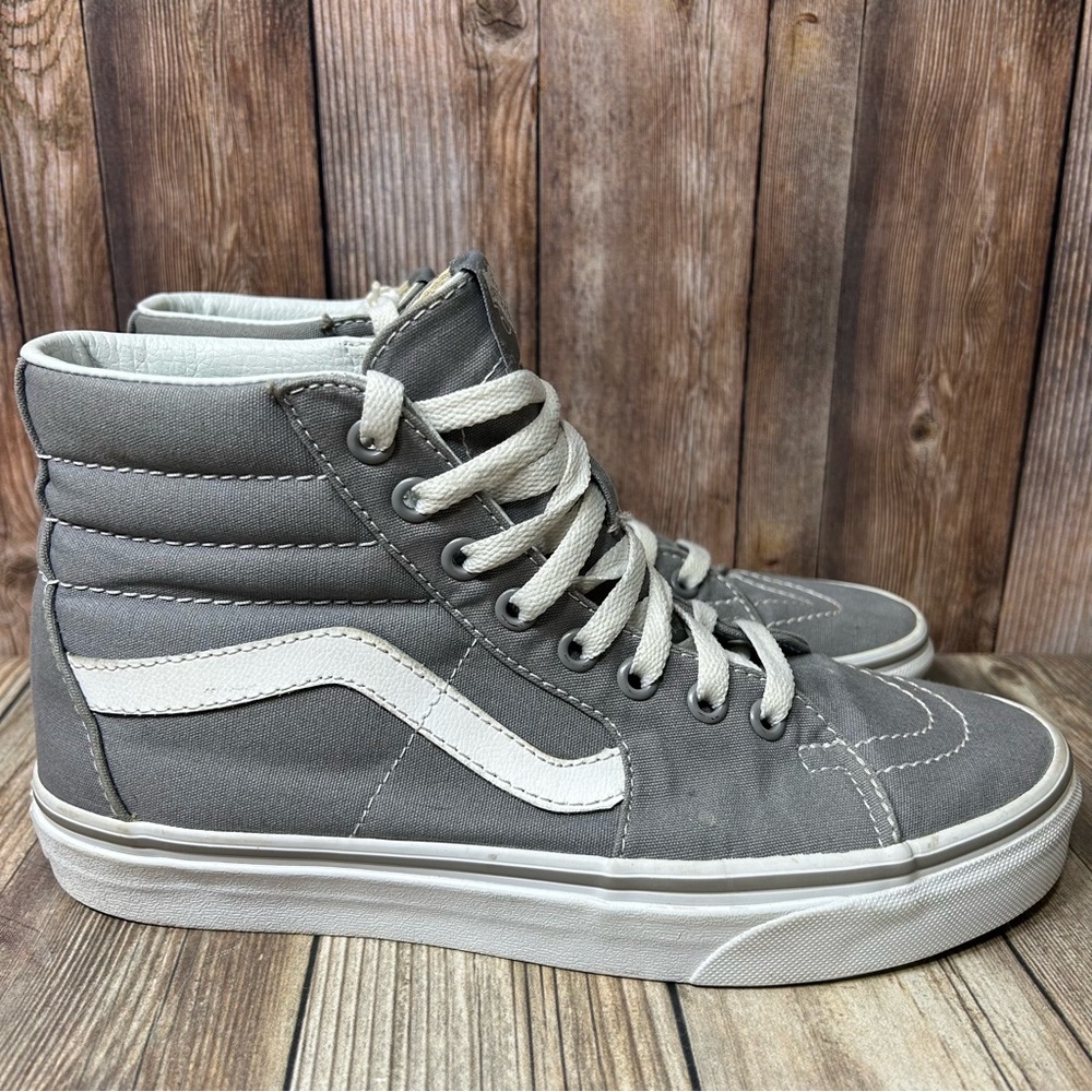 VANS Sk8 Hi Gray Canvas Leather High Top Skate Sneakers Men’s Sz 7 Womens Sz 8.5